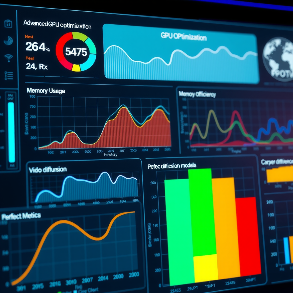 Advanced GPU optimization dashboard displaying real-time memory usage graphs, performance metrics, and computational efficiency charts for video diffusion models on a sleek futuristic dark interface with cyan accents