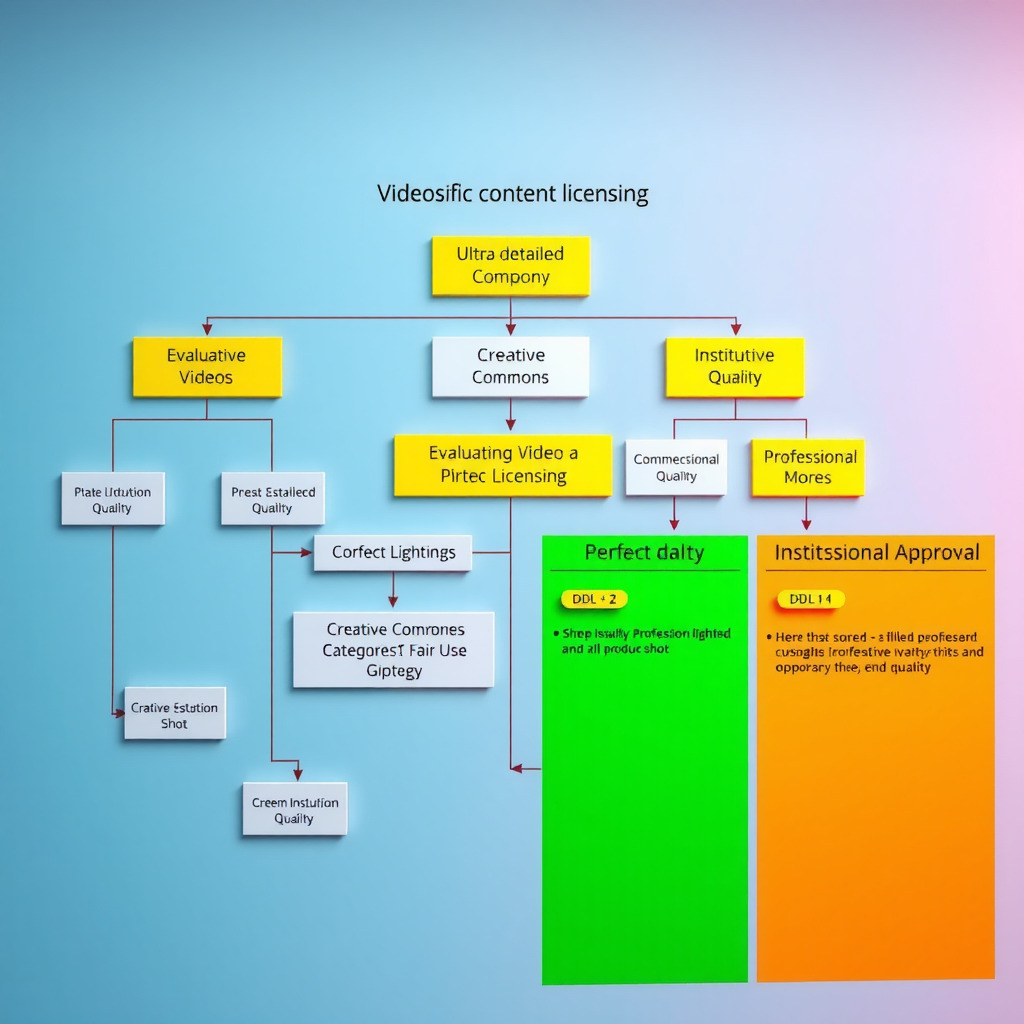 Detailed flowchart showing decision tree for evaluating video content licensing, including creative commons categories, fair use considerations, and institutional approval processes with color-coded pathways