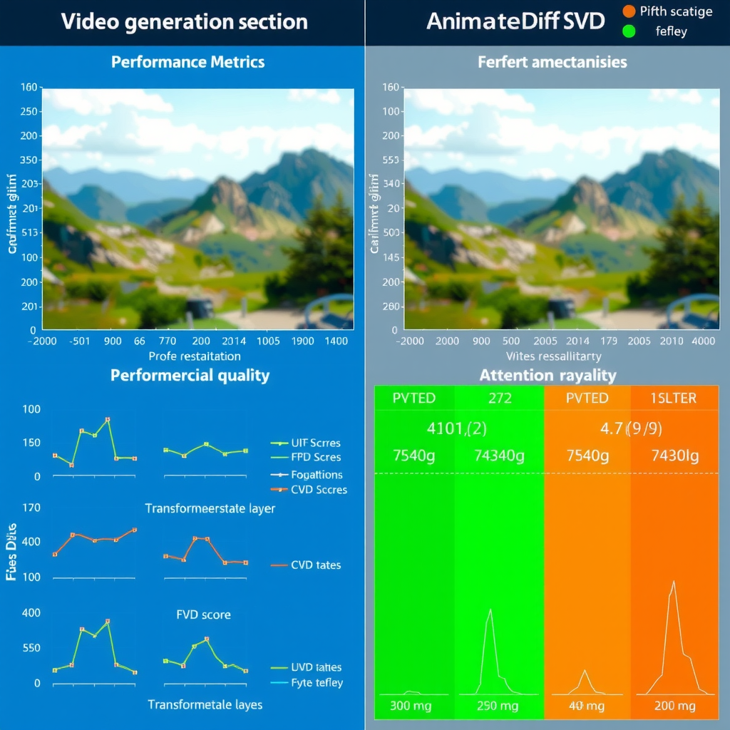 Side-by-side comparison chart of different video generation architectures including SVD and AnimateDiff with performance metrics graphs, FVD scores, and technical diagrams showing transformer layers and attention mechanisms