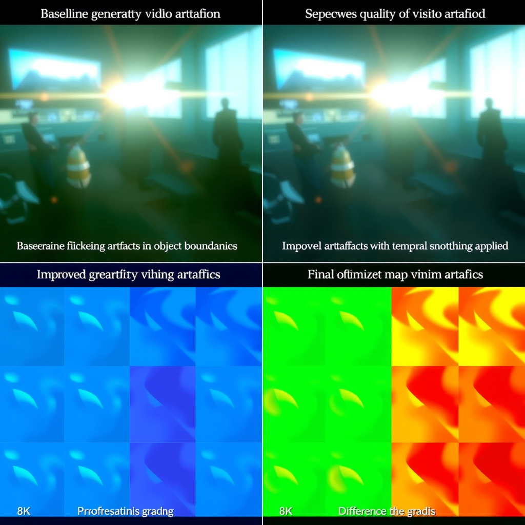 Side-by-side comparison grid showing four video sequences: baseline generation with visible flickering artifacts, morphing artifacts in object boundaries, improved generation with temporal smoothing applied, and final optimized output with minimal artifacts, each sequence showing 8 consecutive frames with difference maps highlighting temporal inconsistencies