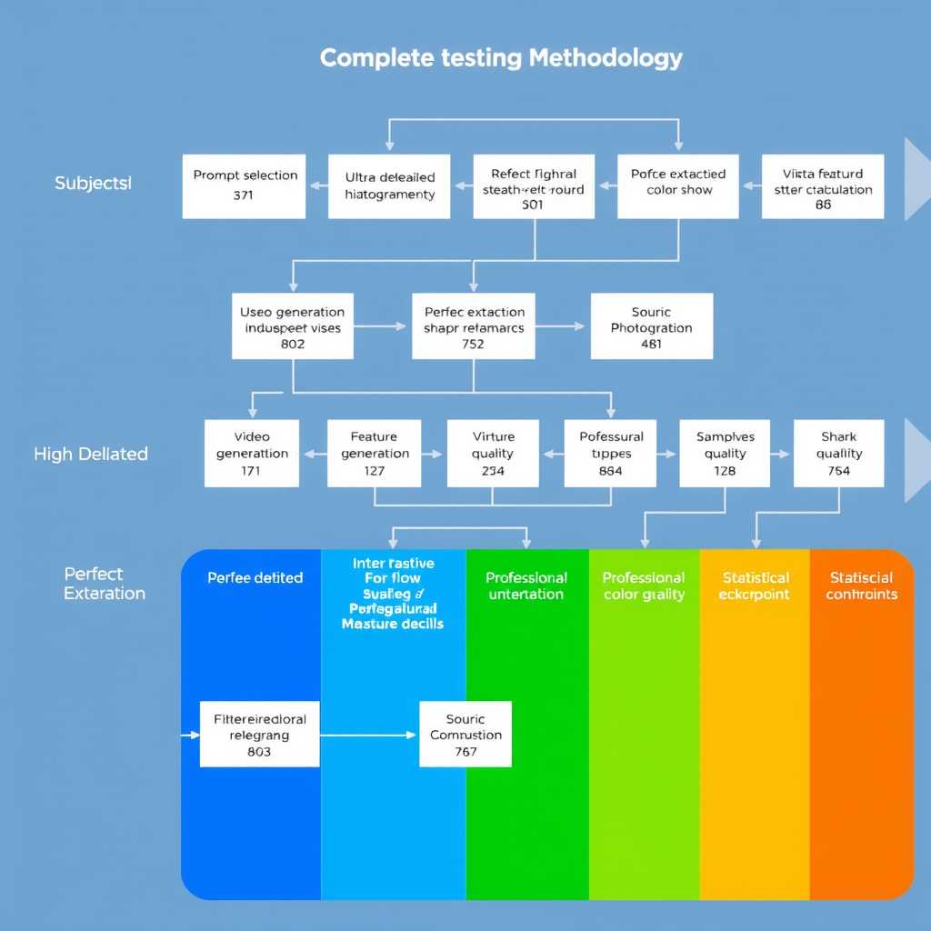 Detailed flowchart illustrating the complete testing methodology from prompt selection through video generation, feature extraction, metric calculation, and statistical analysis with labeled process steps, data flow arrows, and quality control checkpoints