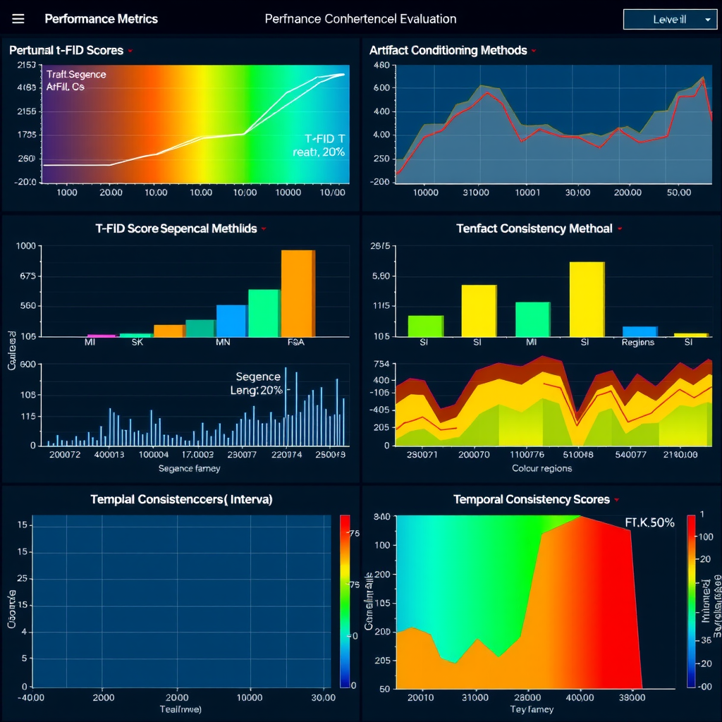 Comprehensive dashboard displaying performance metrics for temporal coherence evaluation, including line graphs showing t-FID scores over sequence length, bar charts comparing different conditioning methods, heatmaps of artifact distribution across frame regions, and temporal consistency scores with confidence intervals