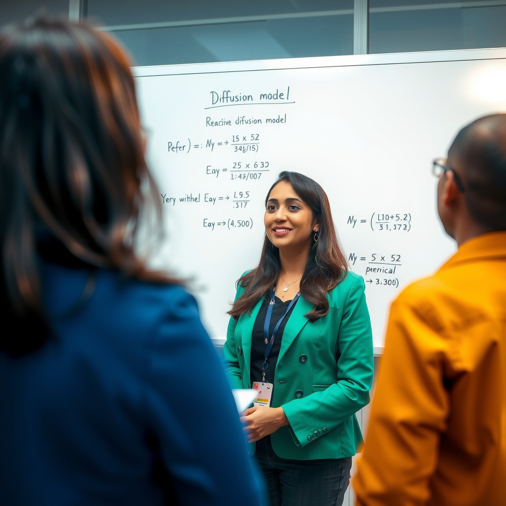 Dr. Aisha Patel, Education Director, presenting at a whiteboard with diffusion model diagrams and mathematical equations