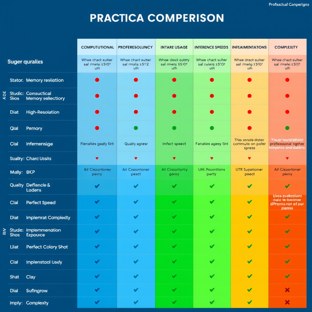 Comprehensive comparison matrix showing practical considerations for each architecture including computational requirements, memory usage, inference speed, quality characteristics, use case recommendations, and implementation complexity with color-coded ratings and detailed annotations