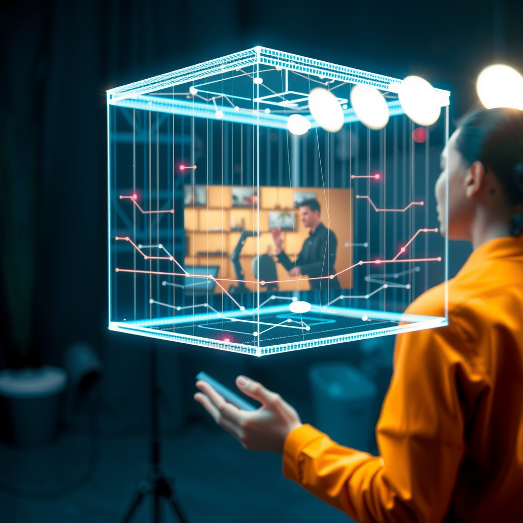 Conceptual visualization of future video generation technology showing holographic displays, advanced neural interfaces, and seamless human-AI collaboration in creative video production